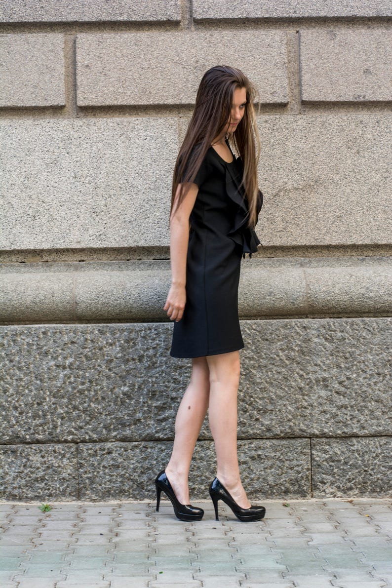 Ruffle Front Dress by Silvia Monetti Scoop Neck Bell Dress Short Sleeve Shift Day and Evening Dress