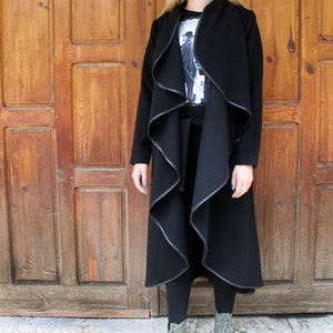 Long Black Woollen Coat | Wool Coat with Leather Trim | Wavy Front Coat | Frilly Coat | Women's Winter Coat by Silvia Monetti