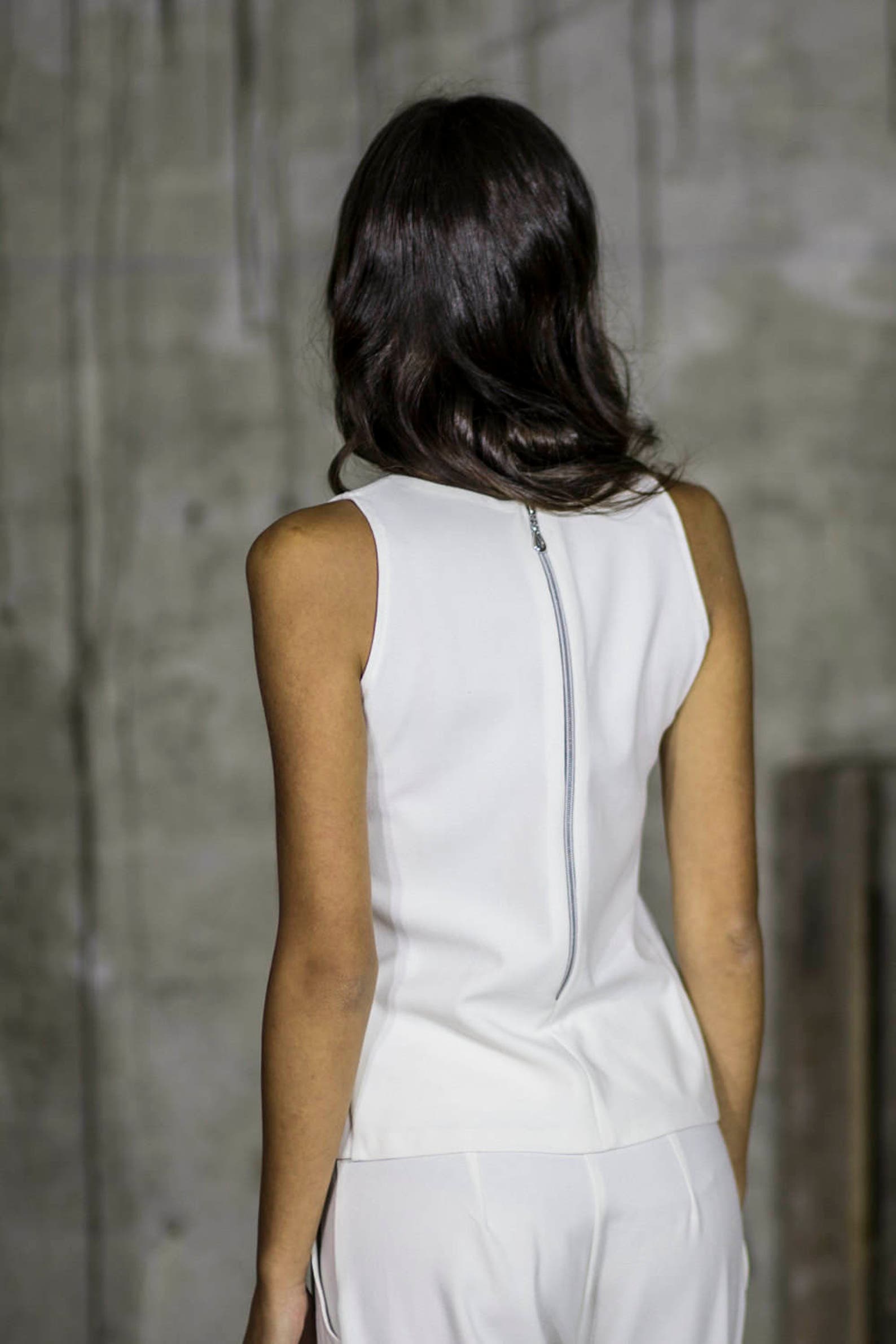 Wrap Front White Tank Top Zip up Top Short White Top by Silvia