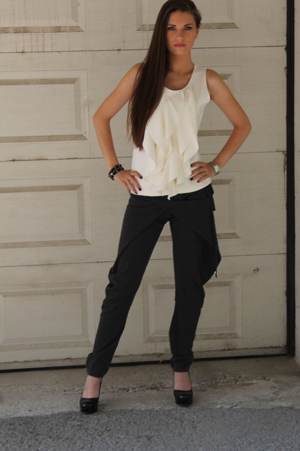 Image of Wrapover Black Trousers Long With Strings | Casual Pants Loose Baggy By Silvia Monetti