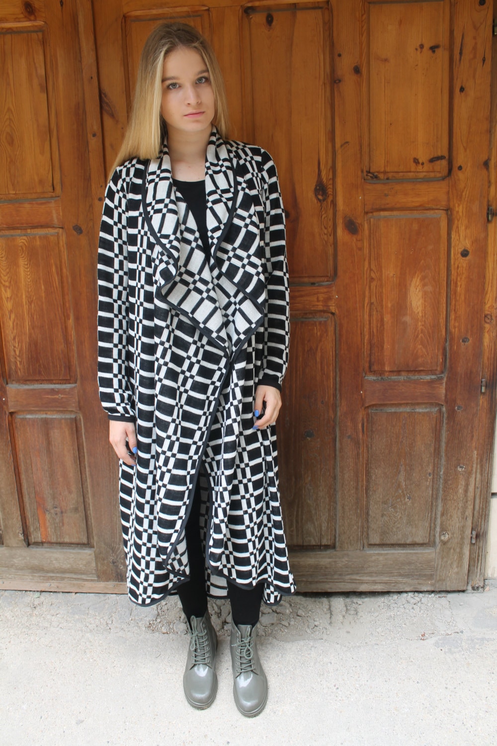 Image of Checkered Long Coat | Black & White Woollen Wool Elegant & Wave By Silvia Monetti