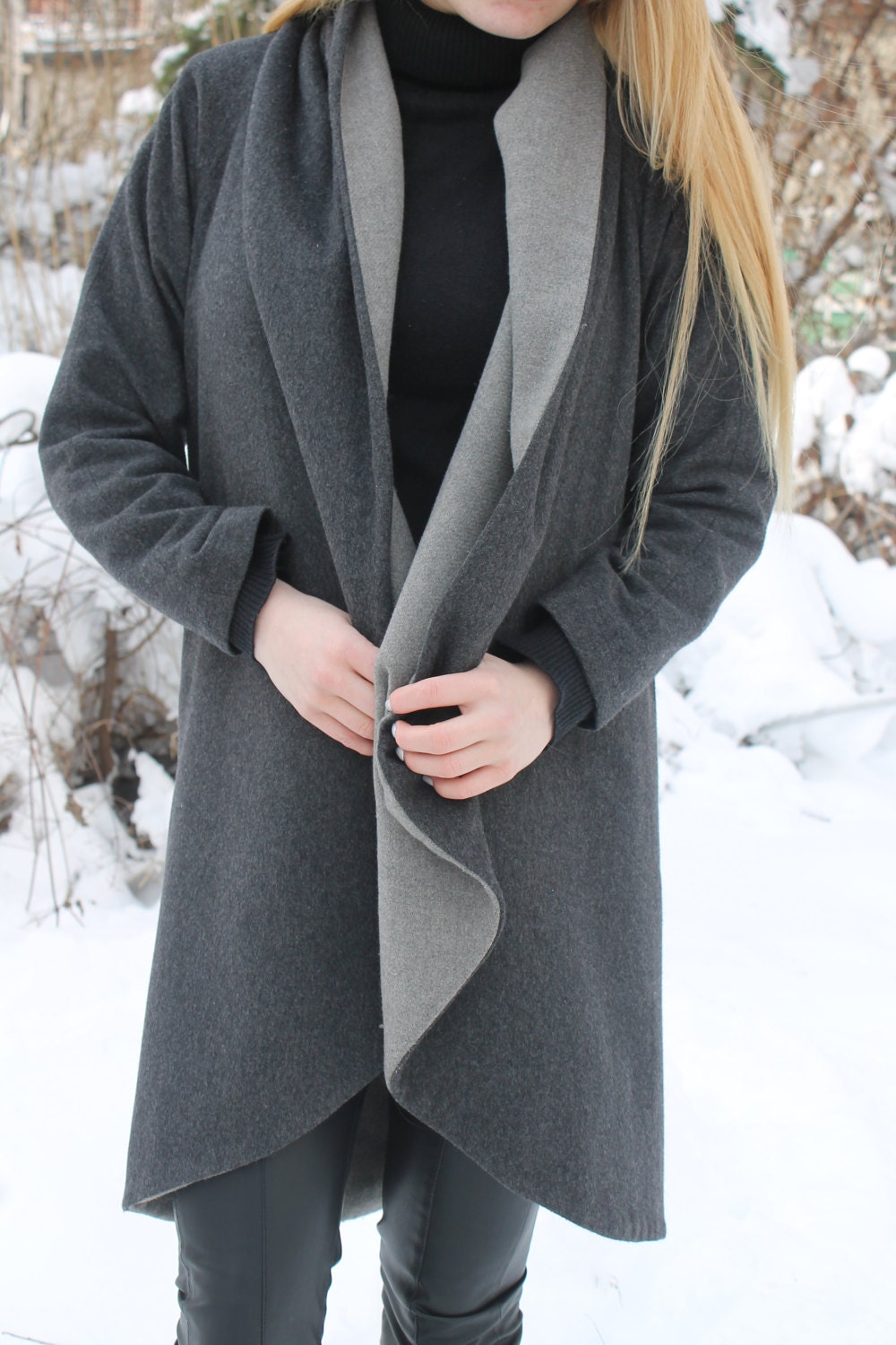 Image of Dark Grey Wool Coat | Long Wavy Front Frilly, Elegant, Stylish By Silvia Monetti