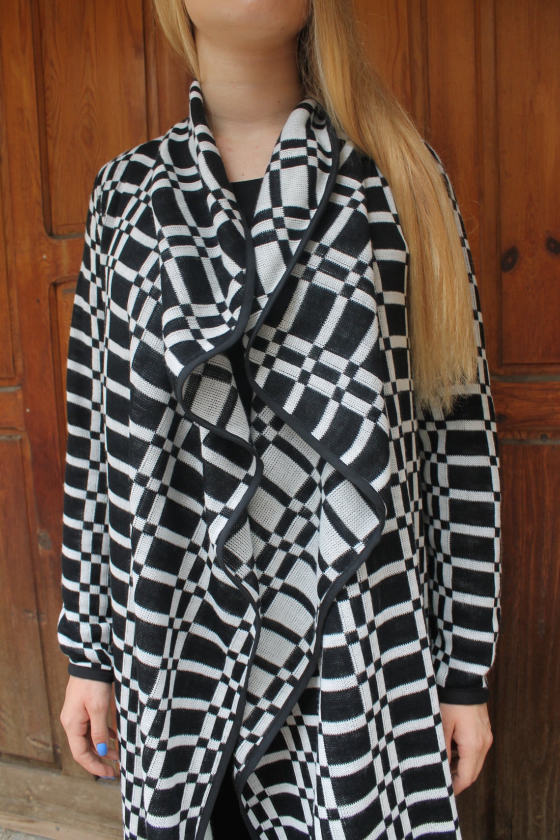Checkered Long Coat Black and White Coat Woollen Coat Wool Coat Elegant