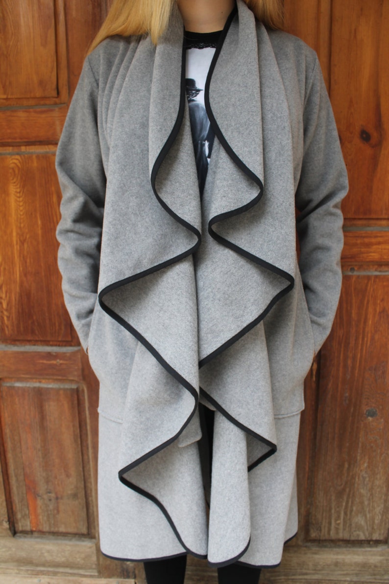 Grey Woollen Long Coat Gray Belted Coat Wool Coat Wavy Etsy