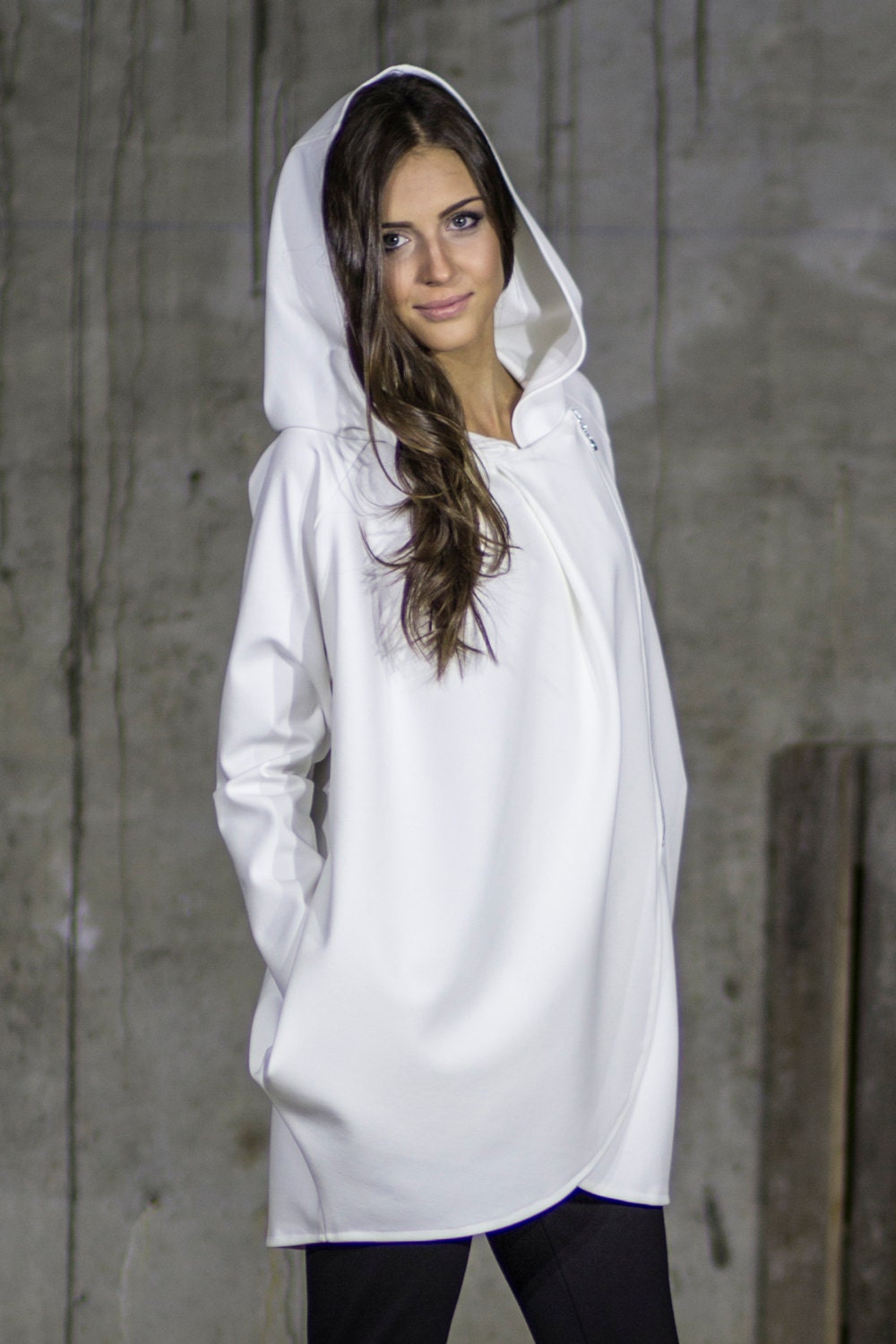 Image of Plain White Warm Wool Coat | Wrap Front Hooded Winter Long Sleeve Zip By Silvia Monetti