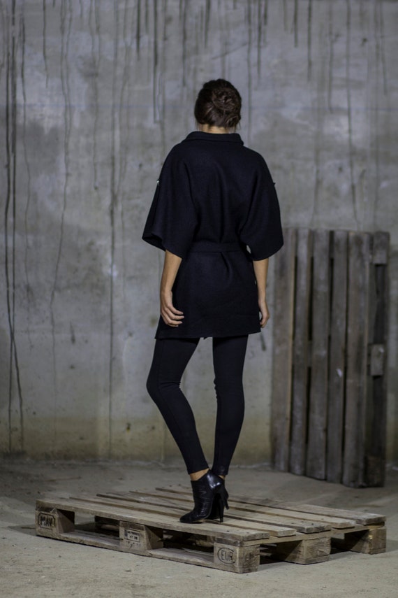 Belted Black Coat Wool Coat Woollen 