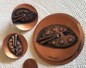 Vintage Copper Pendant Earrings Set: Artisan Painter's Palette Design