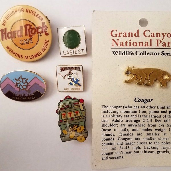 Souvenir Brooch Pins, Hard Rock Cafe, Keystone, Red River, Easiest (Ski), Slot Machine, Grand Canyon Cougar, hat bag pins, embellishments