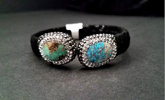 Turquoise Cuff, Rhinestone Paved Turquoise Black … - image 10