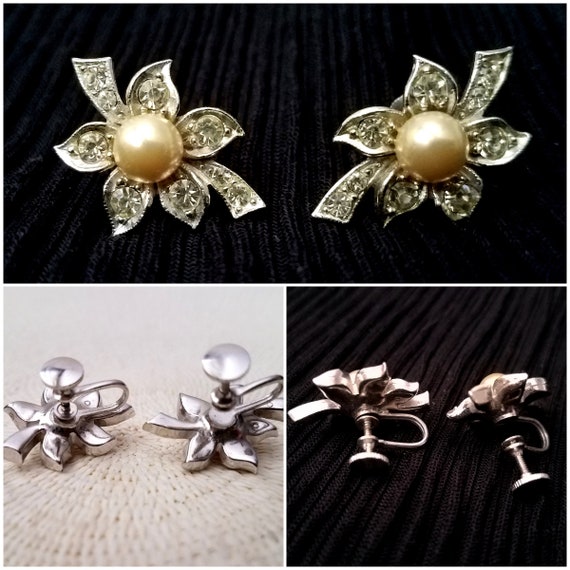 Vintage Rhinestone & Pearl Earrings, Leaf Flower Shape