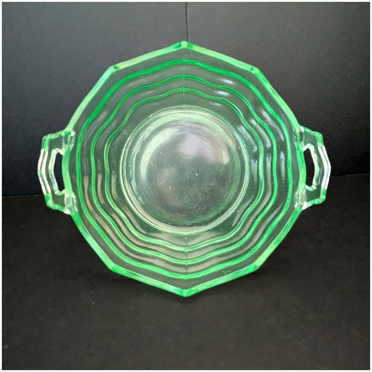 Vintage Uranium Glass Bowl, Wavy Ridges Open Handles, Round Glass Bowl ...