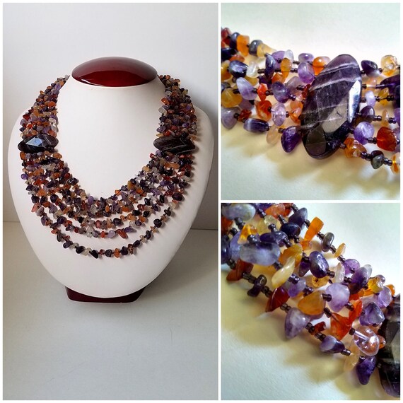 Collier Multi-rangs En Perles De Rocaille Et Cornaline - Superbe, Occasion, Couleurs Orange/marron/blanc