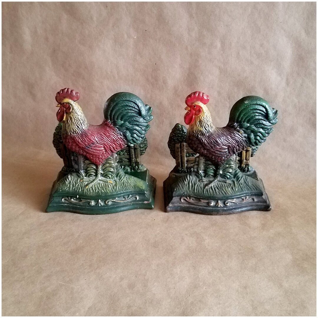 Vintage Rooster Bookends, Cast Iron Statue, Wright Studios, Choice