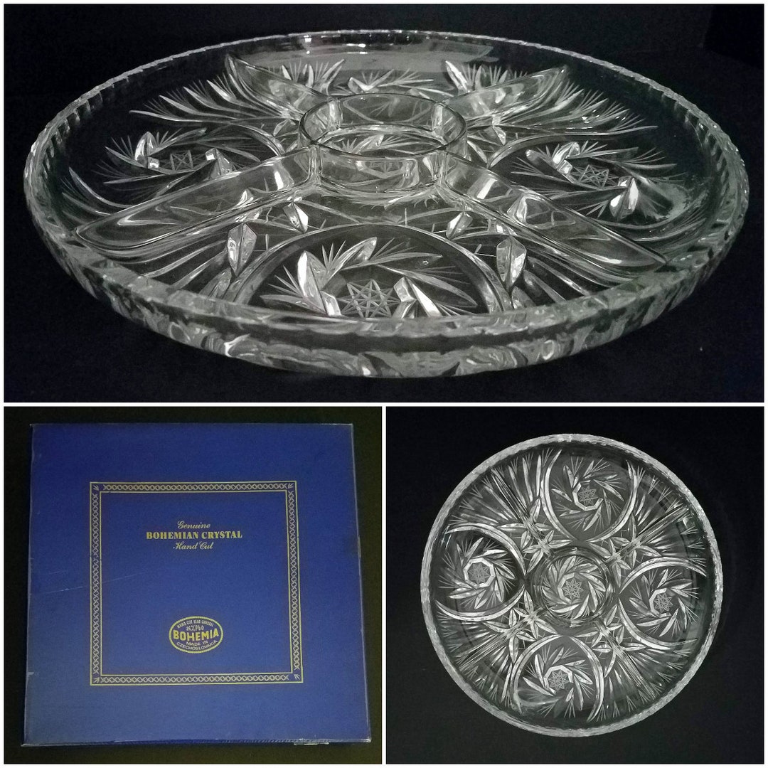 BOHEMIAN CRYSTAL Hand Cut Lead Crystal Relish Dip Bowl Tray, Kitchen