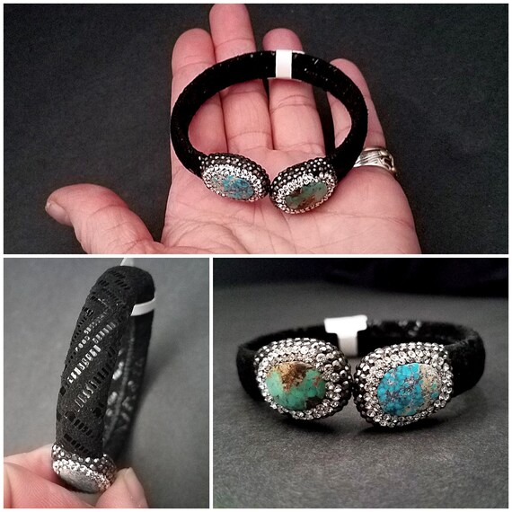 Turquoise Cuff, Rhinestone Paved Turquoise Black … - image 5