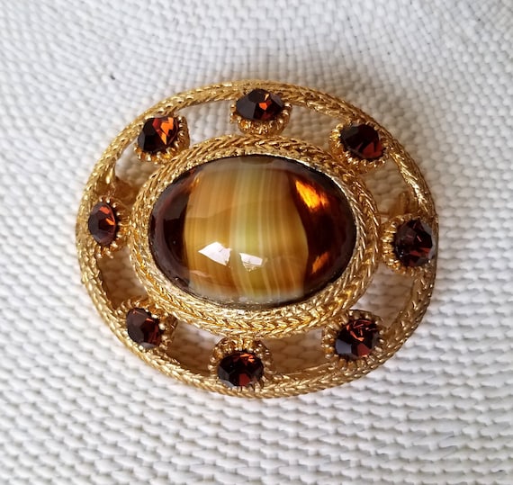 Beautiful Vintage Gold Tigereye and Rhinestone Br… - image 1