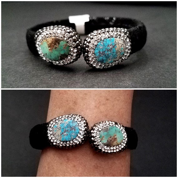 Turquoise Cuff, Rhinestone Paved Turquoise Black … - image 6