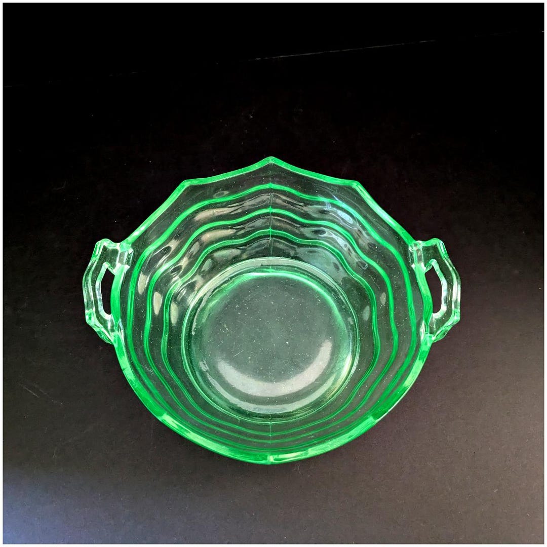 Vintage Uranium Glass Bowl, Wavy Ridges Open Handles, Round Glass Bowl ...