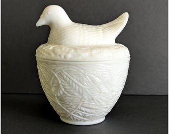 AVON Milk Glass Bird on Nest Trinket Dish, 1970s Vintage Dove Home Decor Candle Holder, Gift