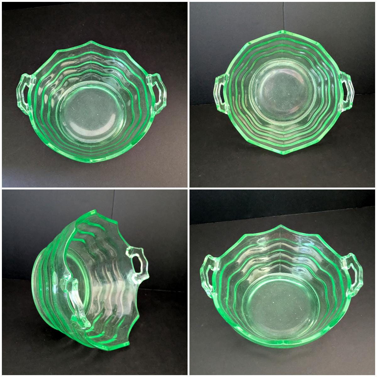 Vintage Uranium Glass Bowl, Wavy Ridges Open Handles, Round Glass Bowl ...