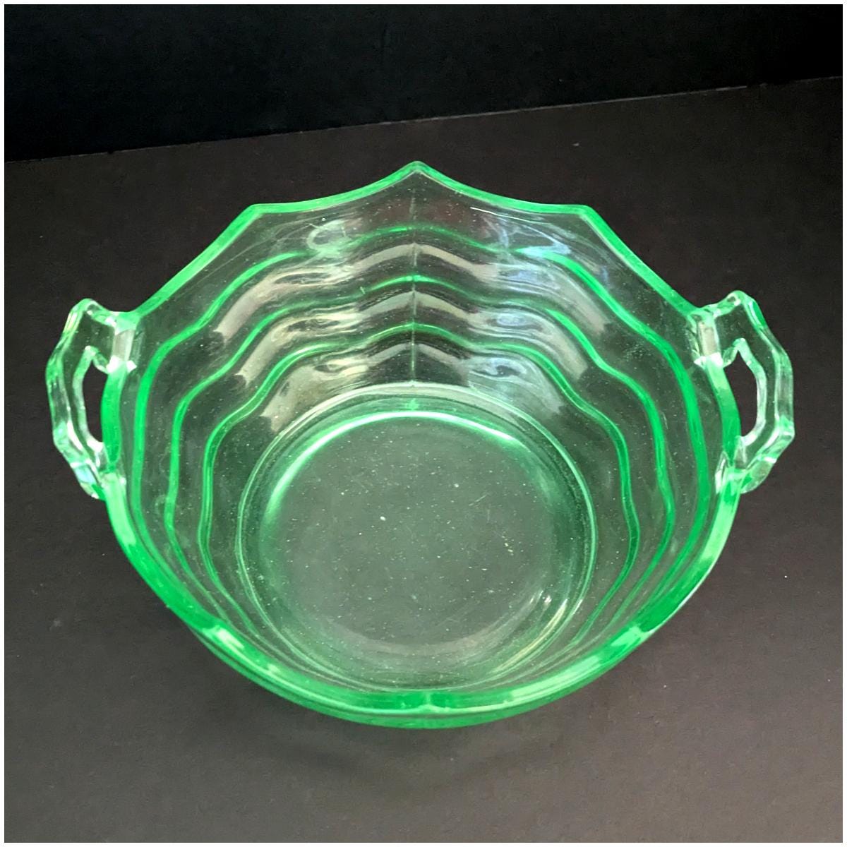 Vintage Uranium Glass Bowl, Wavy Ridges Open Handles, Round Glass Bowl ...