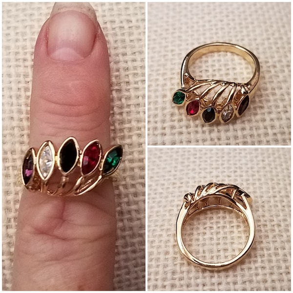 Vintage Multi Color Stone Fashion Ring, Size 7, 18KT Gold Plate Ladies Ring, Designer LIND Jewelry, Statement Ring, 18KT HGE LIND, Gift