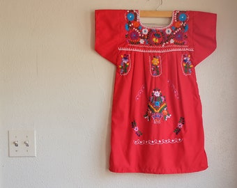 Vintage Mexican Embroidered Dress | Girls Mexico Dresses | Child's Hand Embroidery Boho Fiesta Clothes | Cinco de Mayo Flower Girl Outfit