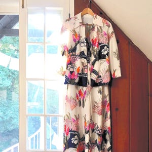 Vintage Pant Suit With Wide Leg Pants + Duster in Bright Floral Print