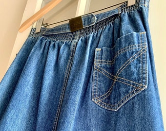 Vintage Rock von Sasson: Jeansrock Mit Messing Schnalle Gürtel + Aufgesetzte Tasche + Kontrastnähte