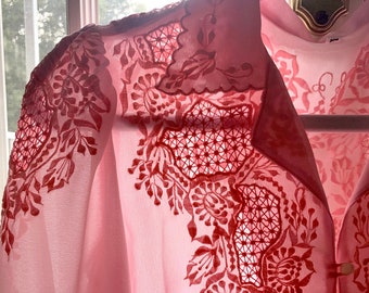 80s Vintage Blouse With Cutwork & Lace in Semi Sheer Bubblegum Pink