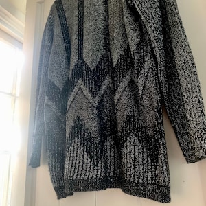 80s Vintage Sweater With Sparkling Silver + Black  Zigzag Stripes