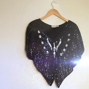Vintage India Top With Butterfly Motif in  Silk + Black Sequins