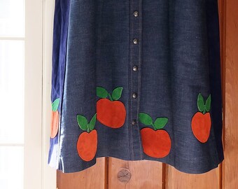 Vintage Levi's Denim Maxi Skirt: Deep Blue Denim, Suede Fruit Appliqué + Front Snap Closure