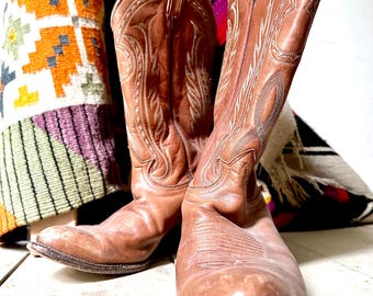 Bottes De Cowboy Vintage Tony Lama 1617 - Cuir Marron, Bout Pointu Arc-en-ciel, Taille 6.5 USA (Homme)