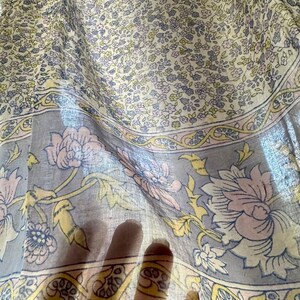 Vintage India Shirt In Featherweight Sheer Cotton Gauze With Pale Floral Print + Ethereal Balloon Sleeves | Deadstock. never been worn vintage Indian peasant blouse in pastel blues and violets. vintage Indian blouse. deadstock vintage India top. sheer cotton gauze India blouse. balloon sleeve India shirt. featherweight Indian gauze blouse. rare deadstock vintage India blouses. hand printed cotton Indian shirts.