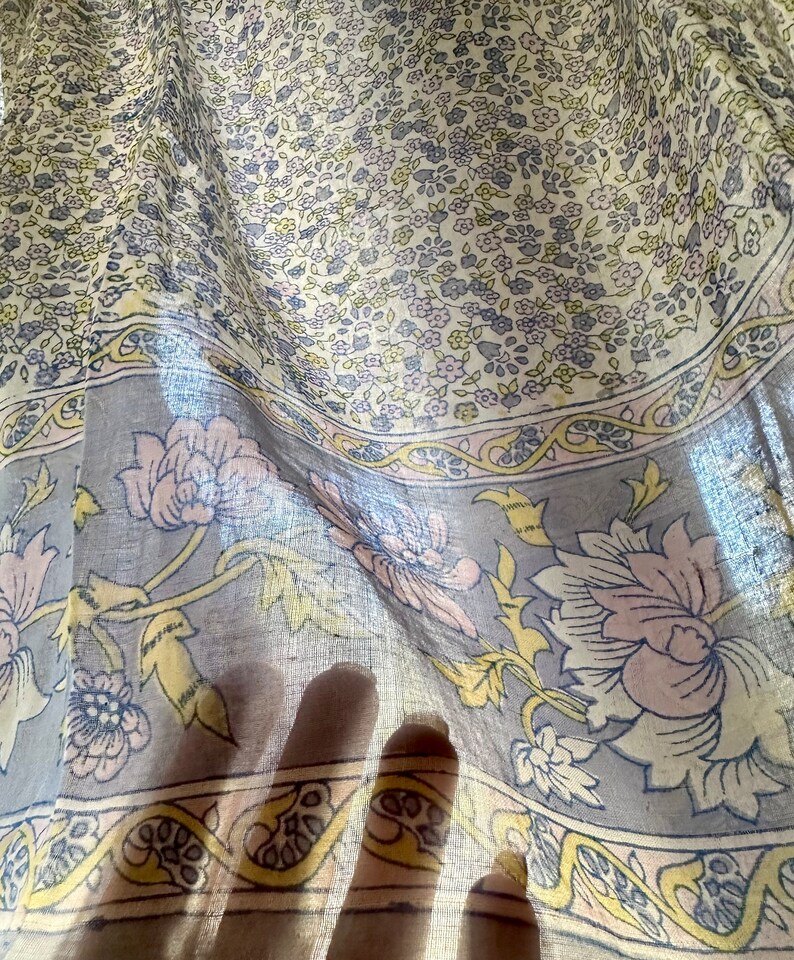 Vintage India Shirt In Featherweight Sheer Cotton Gauze With Pale Floral Print + Ethereal Balloon Sleeves | Deadstock. never been worn vintage Indian peasant blouse in pastel blues and violets. vintage Indian blouse. deadstock vintage India top. sheer cotton gauze India blouse. balloon sleeve India shirt. featherweight Indian gauze blouse. rare deadstock vintage India blouses. hand printed cotton Indian shirts.