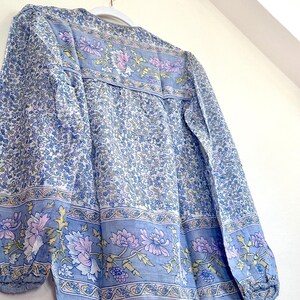 Vintage India Shirt In Featherweight Sheer Cotton Gauze With Pale Floral Print + Ethereal Balloon Sleeves | Deadstock. never been worn vintage Indian peasant blouse in pastel blues and violets. vintage Indian blouse. deadstock vintage India top. sheer cotton gauze India blouse. balloon sleeve India shirt. featherweight Indian gauze blouse. rare deadstock vintage India blouses. hand printed cotton Indian shirts.