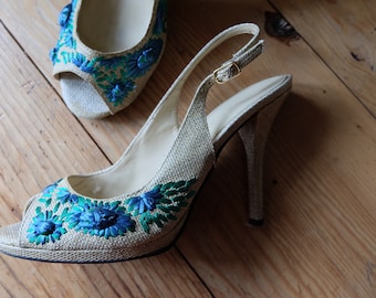 Vintage Ralph Lauren Raffia Heels: Bejeweled Floral Peep Toe, Size 7.5