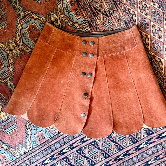 60s Vintage Mini Skirt With Suede Panels, Scalloped Edge and Rust Orange Hue