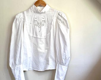 Vintage Blouse in Linen + Cotton With Cutwork, Embroidery, Puff Sleeves + High Neck