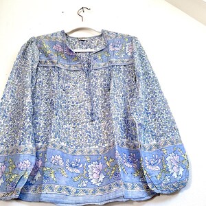Vintage India Shirt In Featherweight Sheer Cotton Gauze With Pale Floral Print + Ethereal Balloon Sleeves | Deadstock. never been worn vintage Indian peasant blouse in pastel blues and violets. vintage Indian blouse. deadstock vintage India top. sheer cotton gauze India blouse. balloon sleeve India shirt. featherweight Indian gauze blouse. rare deadstock vintage India blouses. hand printed cotton Indian shirts.