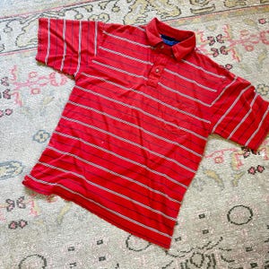 Vintage Polo Shirt in Red With Black + White Stripes