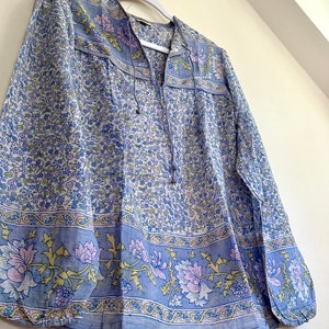 Vintage India Shirt In Featherweight Sheer Cotton Gauze With Pale Floral Print + Ethereal Balloon Sleeves | Deadstock. never been worn vintage Indian peasant blouse in pastel blues and violets. vintage Indian blouse. deadstock vintage India top. sheer cotton gauze India blouse. balloon sleeve India shirt. featherweight Indian gauze blouse. rare deadstock vintage India blouses. hand printed cotton Indian shirts.
