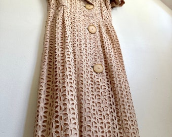 Vintage Eyelet Dress | Wrap Shirtdress | Champage Lace Eyelet Midi Dress | Vintage Coatdress