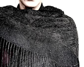 Vintage Shawl in Black and Metallic Gold With Dramatic Fringe