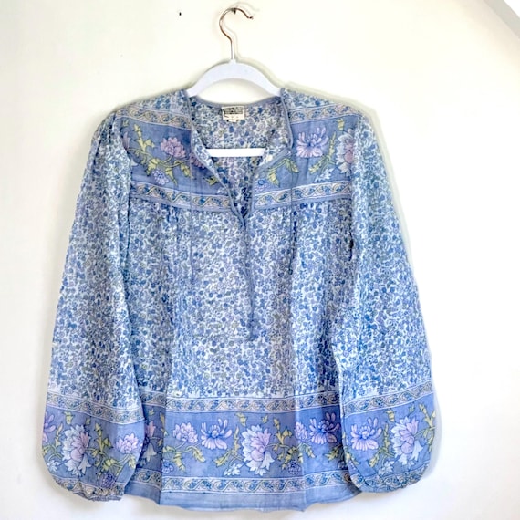Vintage India Shirt in Sheer Cotton Gauze: Pastel Floral Balloon Sleeve Blouse, Deadstock