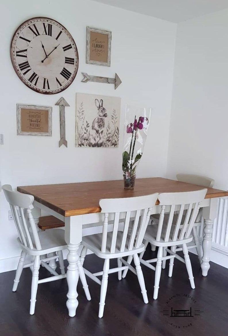 Farmhouse Dining Table And Chairs And Bench Upcycled Pine Rustic Refurbished Reclaimed Rustic Housewarming Custom Painted Solid Wood