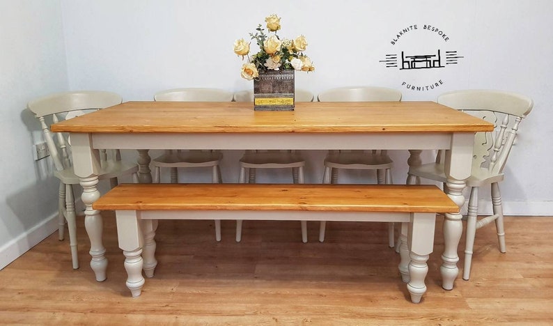 New Farmhouse Handmade Dining Table Chairs And Bench Rustic Image 0