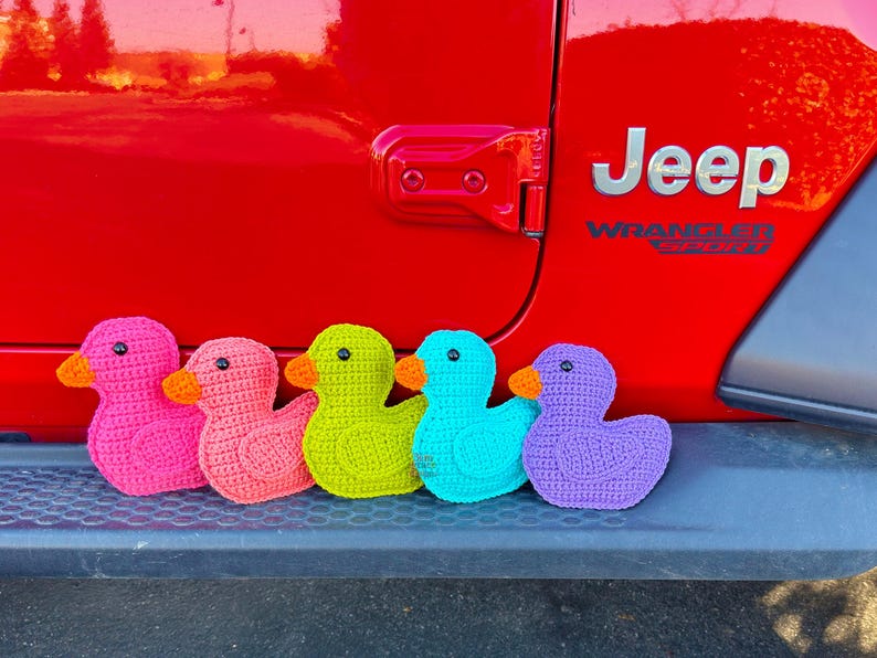 Peut inclure: Cinq canards en crochet align&eacute;s en rang. Les canards sont rose, corail, vert, bleu et violet.