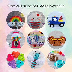 May include: A selection of crocheted items, such as a rainbow, cupcake, tow truck, gumball machine, yarn, hot dog, hearts, butterfly, and footballs. The image includes the text "VISIT OUR SHOP FOR MORE PATTERNS".